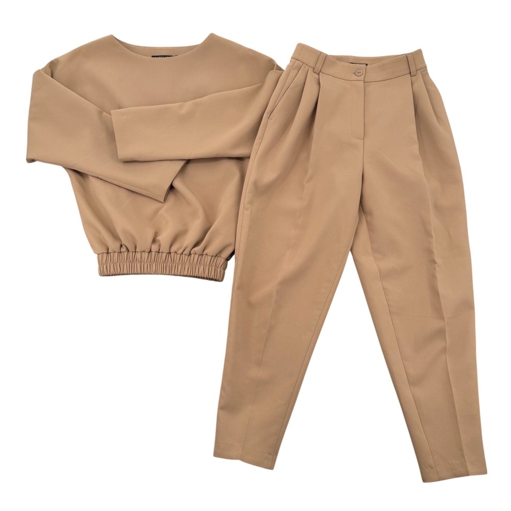 NAMELAZZ Two Piece Set Women XS Tan Blouse Pleated Trousers Dolman Sleeve Co-ord